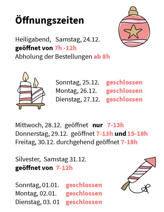 Öffnungszeiten rund um die Feiertage